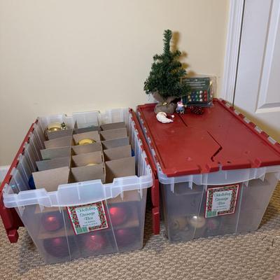 LOT 179B: Two Holiday Ornament Storage Totes w/ Glass Ornaments, Mini Tree