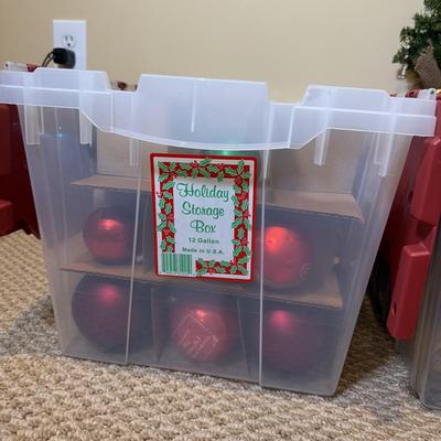 LOT 179B: Two Holiday Ornament Storage Totes w/ Glass Ornaments, Mini Tree