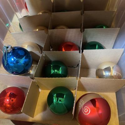 LOT 179B: Two Holiday Ornament Storage Totes w/ Glass Ornaments, Mini Tree