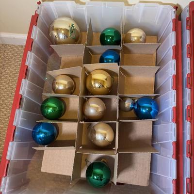 LOT 179B: Two Holiday Ornament Storage Totes w/ Glass Ornaments, Mini Tree