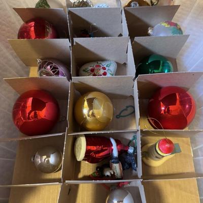 LOT 179B: Two Holiday Ornament Storage Totes w/ Glass Ornaments, Mini Tree