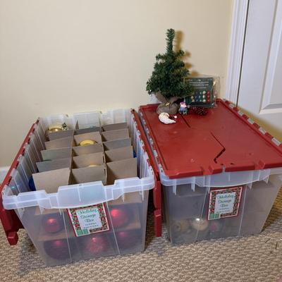 LOT 179B: Two Holiday Ornament Storage Totes w/ Glass Ornaments, Mini Tree