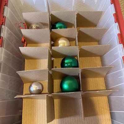 LOT 179B: Two Holiday Ornament Storage Totes w/ Glass Ornaments, Mini Tree