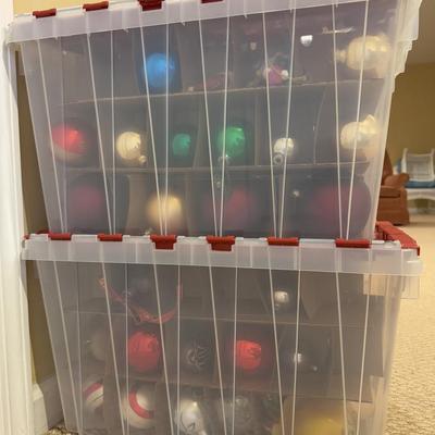 LOT 179B: Two Holiday Ornament Storage Totes w/ Glass Ornaments, Mini Tree