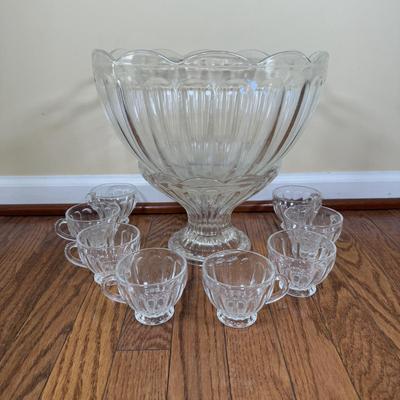 LOT 181N: Large Punch Bowl w/ Pedestal & 8 Matching Cups