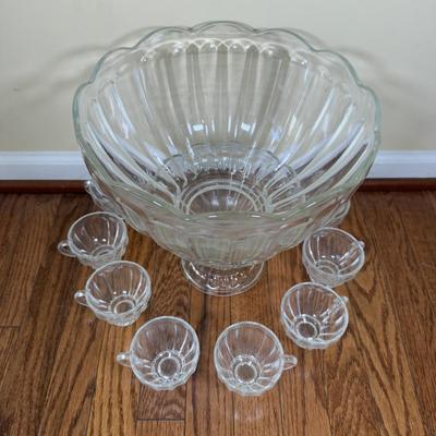 LOT 181N: Large Punch Bowl w/ Pedestal & 8 Matching Cups