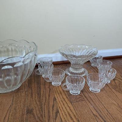 LOT 181N: Large Punch Bowl w/ Pedestal & 8 Matching Cups