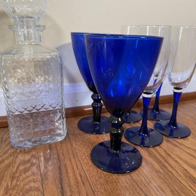 LOT 182N: Cobalt Blue Stem Luminarc Champagne Glasses, Decanter, Blue Goblets & Margarita Glasses