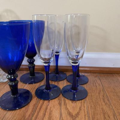 LOT 182N: Cobalt Blue Stem Luminarc Champagne Glasses, Decanter, Blue Goblets & Margarita Glasses
