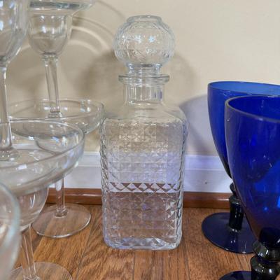 LOT 182N: Cobalt Blue Stem Luminarc Champagne Glasses, Decanter, Blue Goblets & Margarita Glasses