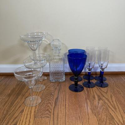 LOT 182N: Cobalt Blue Stem Luminarc Champagne Glasses, Decanter, Blue Goblets & Margarita Glasses