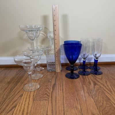 LOT 182N: Cobalt Blue Stem Luminarc Champagne Glasses, Decanter, Blue Goblets & Margarita Glasses