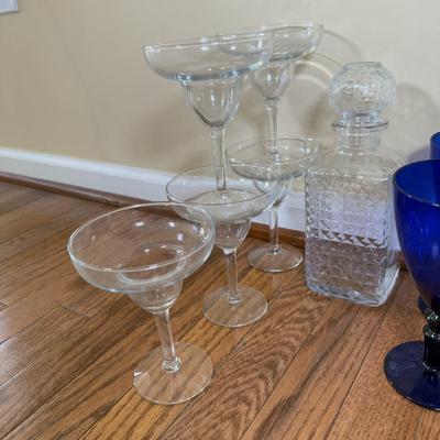 LOT 182N: Cobalt Blue Stem Luminarc Champagne Glasses, Decanter, Blue Goblets & Margarita Glasses