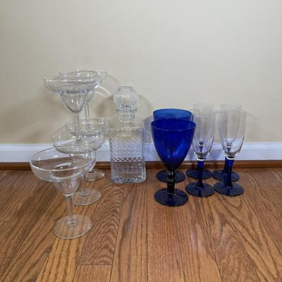 LOT 182N: Cobalt Blue Stem Luminarc Champagne Glasses, Decanter, Blue Goblets & Margarita Glasses