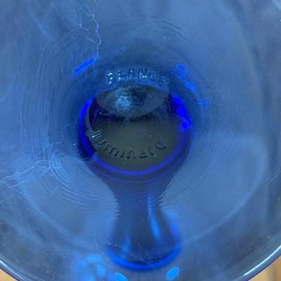 LOT 182N: Cobalt Blue Stem Luminarc Champagne Glasses, Decanter, Blue Goblets & Margarita Glasses