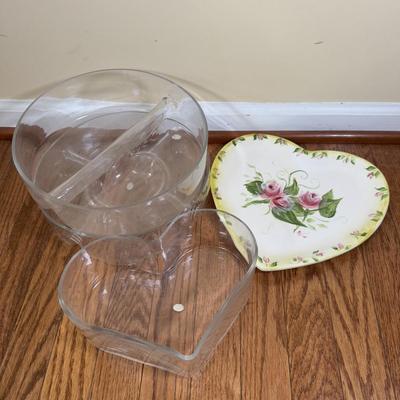 LOT 184N: Divided Glass Serving Bowls, Heart Shaped Glass Bowl & Heart Platter