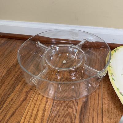 LOT 184N: Divided Glass Serving Bowls, Heart Shaped Glass Bowl & Heart Platter