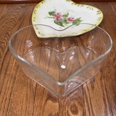 LOT 184N: Divided Glass Serving Bowls, Heart Shaped Glass Bowl & Heart Platter