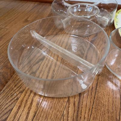 LOT 184N: Divided Glass Serving Bowls, Heart Shaped Glass Bowl & Heart Platter