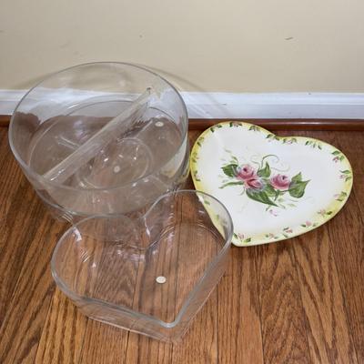 LOT 184N: Divided Glass Serving Bowls, Heart Shaped Glass Bowl & Heart Platter