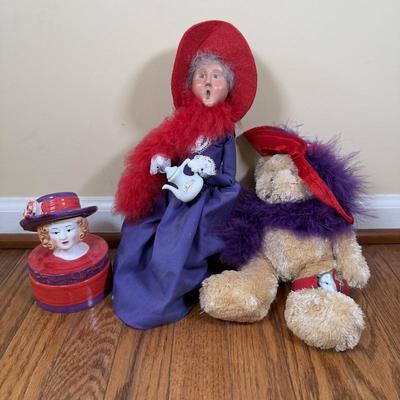 LOT 185N: Red Hat Lady Collection - Byer's Choice, Bear, Watch & Trinket Dish