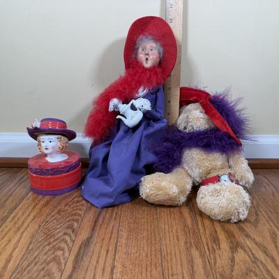 LOT 185N: Red Hat Lady Collection - Byer's Choice, Bear, Watch & Trinket Dish