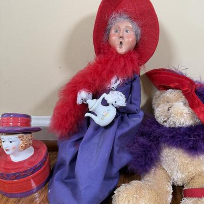 LOT 185N: Red Hat Lady Collection - Byer's Choice, Bear, Watch & Trinket Dish