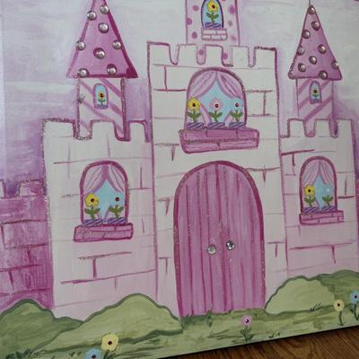 LOT 187L: Canvas Wall Art - Golden Retrievers, Pink Castle & Soccer Goal