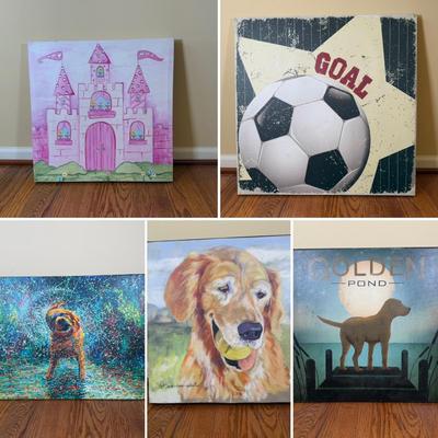 LOT 187L: Canvas Wall Art - Golden Retrievers, Pink Castle & Soccer Goal