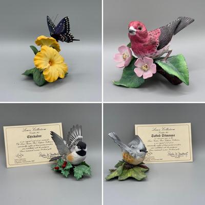 LOT 190N: Beautiful Lenox Figurines - Black Swallowtail, Purple Finch, Chickadee & Tufted Titmouse