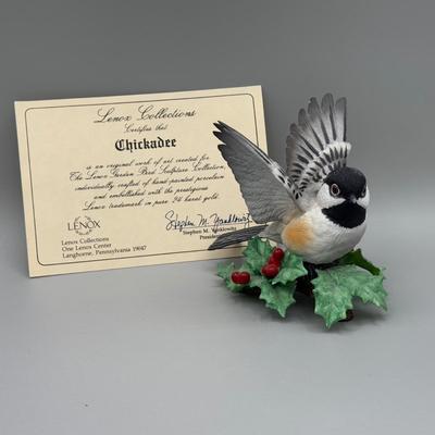 LOT 190N: Beautiful Lenox Figurines - Black Swallowtail, Purple Finch, Chickadee & Tufted Titmouse