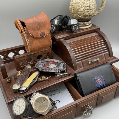 LOT 199J: Vintage Desktop Organizer, Avon Ship Mug, Phillies Belt Buckle, Pocket Knives & More