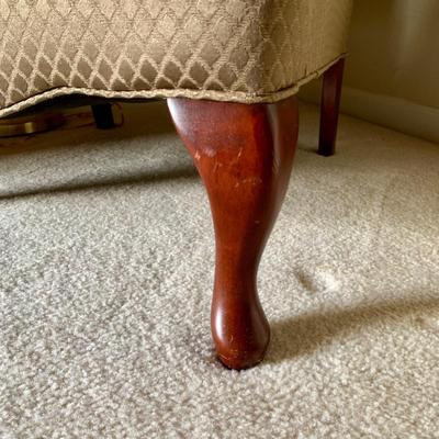 LOT 204 M: Best Chairs Inc. Queen Anne Style Wing Back Sage Chair & Brass Adjustable Floor Lamp