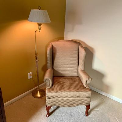 LOT 204 M: Best Chairs Inc. Queen Anne Style Wing Back Sage Chair & Brass Adjustable Floor Lamp