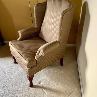 LOT 204 M: Best Chairs Inc. Queen Anne Style Wing Back Sage Chair & Brass Adjustable Floor Lamp