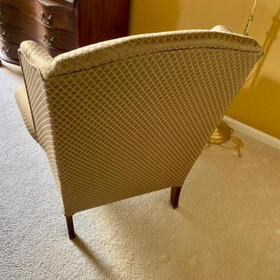 LOT 204 M: Best Chairs Inc. Queen Anne Style Wing Back Sage Chair & Brass Adjustable Floor Lamp