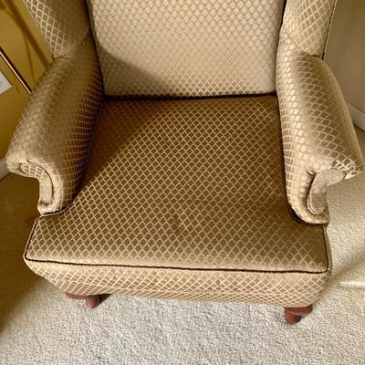 LOT 204 M: Best Chairs Inc. Queen Anne Style Wing Back Sage Chair & Brass Adjustable Floor Lamp