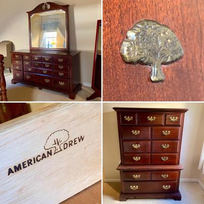 LOT 205 M: American Drew 6 Drawer Chest of Drawers & 9 Drawer Dresser w/ Mirror