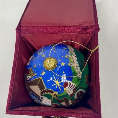 Li Bein Pier One Painted Glass Ball Christmas Ornament with Nativity Scene in box