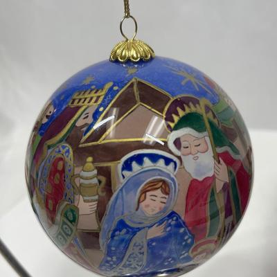 Li Bein Pier One Painted Glass Ball Christmas Ornament with Nativity Scene in box
