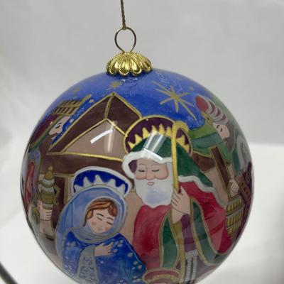 Li Bein Pier One Painted Glass Ball Christmas Ornament with Nativity Scene in box