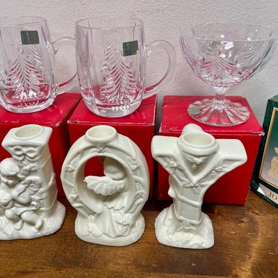 Christmas Decor Lot - Mikasa Crystal Mugs & Ceramic "JOY" candlestick holders