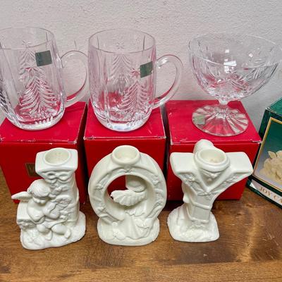 Christmas Decor Lot - Mikasa Crystal Mugs & Ceramic "JOY" candlestick holders