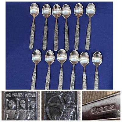 Set of 12 Vintage Norwegian (Konge Tinn) Viking Pewter Heilag Olav Spoons