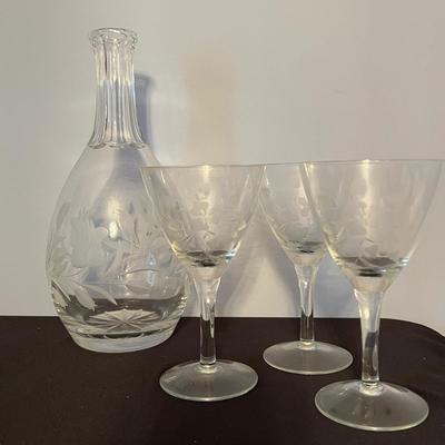 Cut Crystal Decanter & 3 Wine Glasses