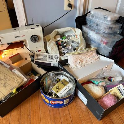 Big Sewing Lot w. Pfaff 1222E Machine & ArtBin Wheeled Travel Case
