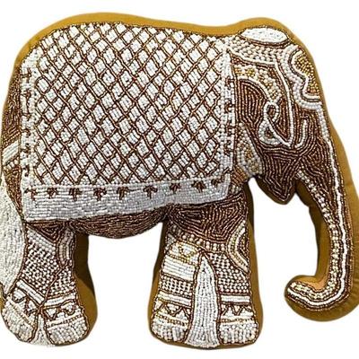 Hand beaded decorative pillow, elephant motif
