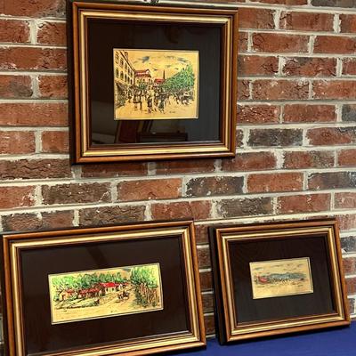 3 Vintage Italian Professionally Framed Gold Leaf Silk Screens Art