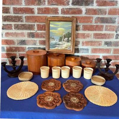 Big Lot MCM Vintage Decorative Wood & Weave Lot -Teak, Olive Wood, Oil Painting