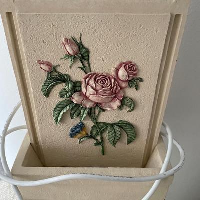 Rose fountain on stand and wicker bird house decor